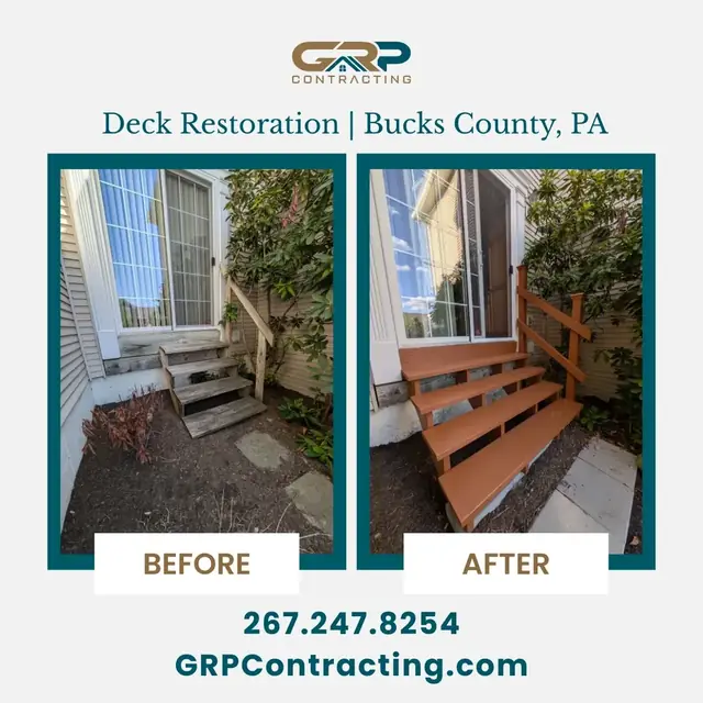 Before and after of a rebuilt deck stairway