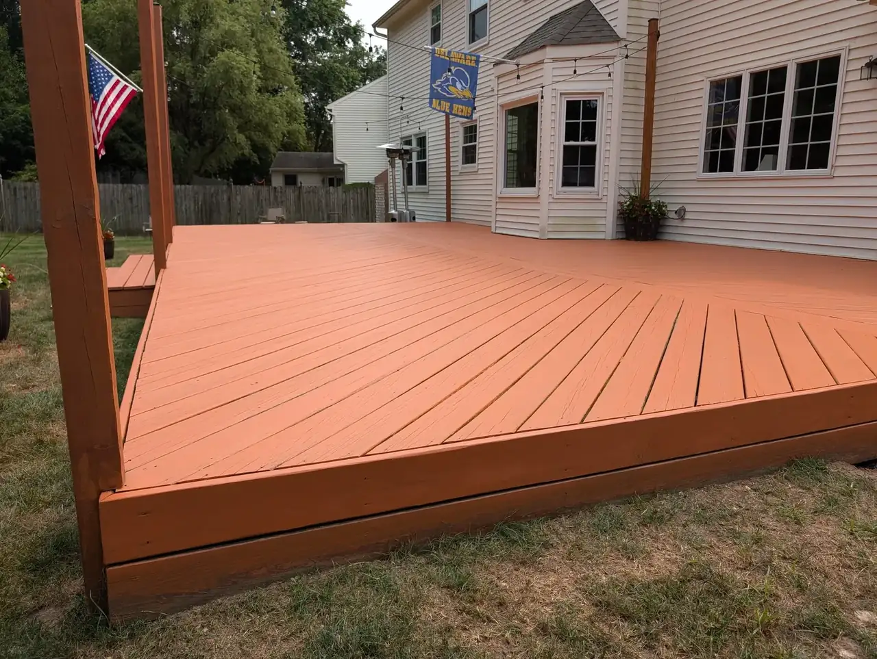 Restored backyard deck finished in a warm solid-color stain